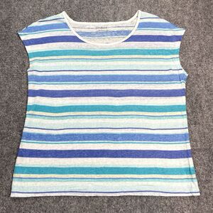 Talbots Linen Top Womens Large Cap Sleeve Round Neck Blue Green Multi Stripe